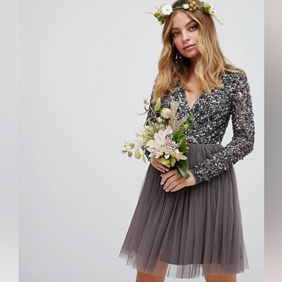 MAYA Embellished Beaded Long Sleeve Surplice Bridesmaid Mini Dress, Tulle Skirt - Picture 1 of 16